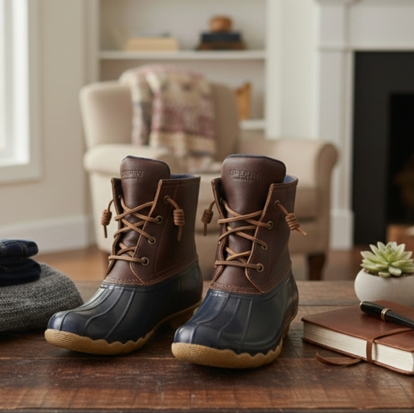 Sperry Women's Saltwater Duck Boots - Navy & Brown Waterproof Leather - Size 9.5